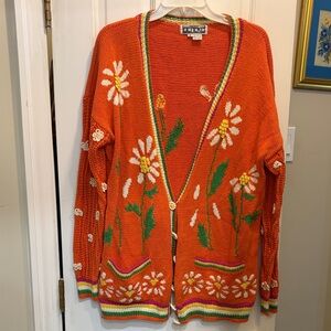 Rare Vintage berek 2 Hand Knit Cotton Daisy Cardigan Sweater